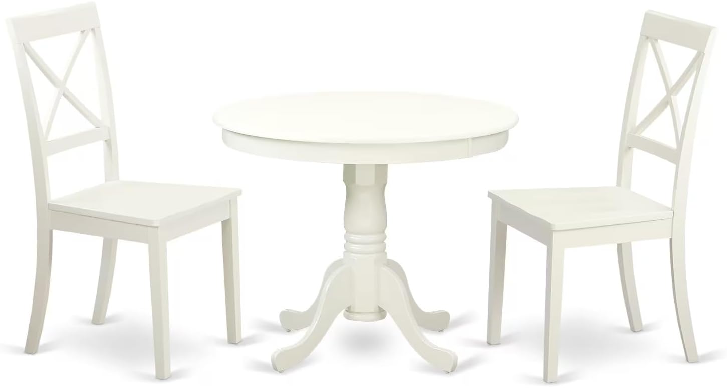 East West Furniture ANBO5-LWH-W 5 Piece Dinette Set for 4 Includes a Round Kitchen Table with Pedestal and 4 Dining Chairs, 36x36 Inch, Linen White