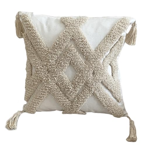 Nvzi Funda de almohada bordada estilo granja, diseño étnico bohemio con borlas, para sofá, mesita de noche, oficina, copetudo, 43 x 43 cm