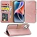 Arae Compatible with iPhone 14 Plus Case Wallet Flip Cover with Card Holder and Wrist Strap for iPhone 14 Plus 6.7 inch-Rose Gold