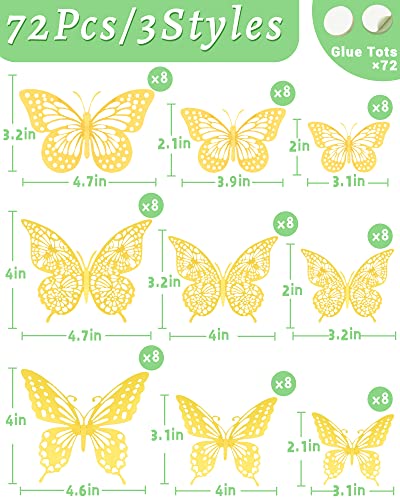72Pcs 3D Butterfly Wall Decor, Gold Butterfly Decorations, 3 Styles 3 Sizes Removable Butterfly Room Decor For Bedroom Living Room Butterfly Wall Stickers For Birthday Party Cake Flower Arrangements #TOP4