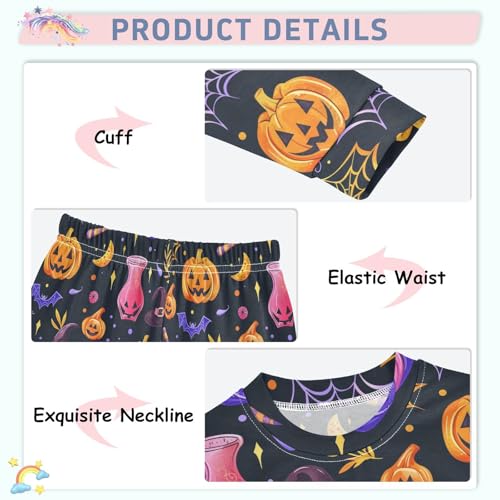 Fustylead Halloween Vibrant Pumpkin Witch Bat Candle Web Cotton Pajama Sets 2 Piece PJ Top and Bottom Nightwear Set4
