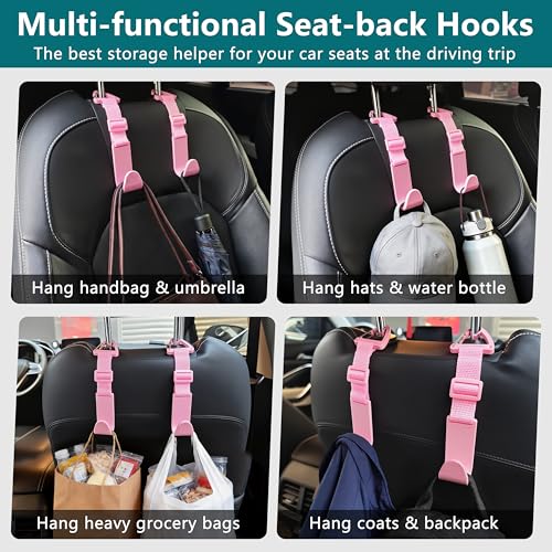 Image of Amooca 4 Pack Anti-drop Headrest Hooks Adjustable Car Seat Organizer | Universal Fit with Clip, Hanger for Backpack Umbrella Water Bottle Coat Purses Handbags Groceries, 40lb Heavy Duty, Pink
