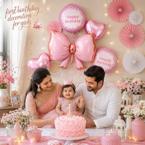 Image of Propsicle Bow Foil Balloons for Birthday Decoration Pink Girls