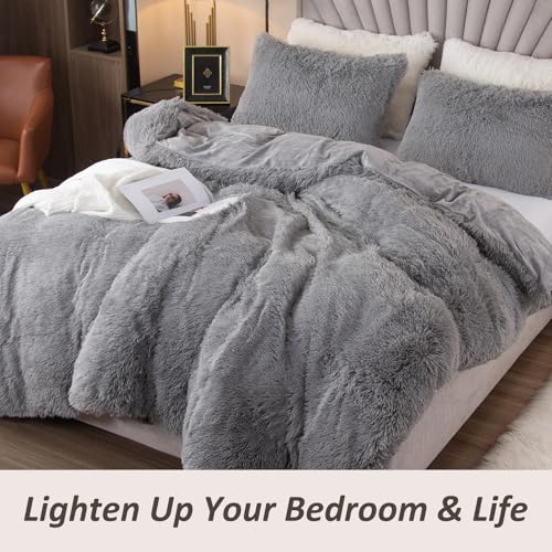 Image of EMME Plush Shaggy Grey Duvet Cover Set Twin Size 2 Pieces Luxury Fuzzy Comforter Cover Set, Soft Faux Fur Fluffy Winter Bedding Set (Grey, Twin)