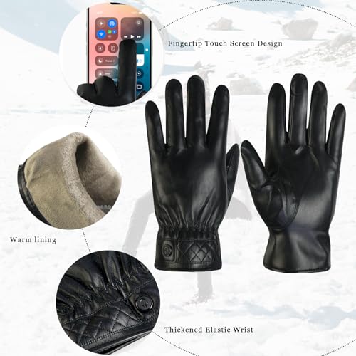 Long Keeper PU Lederhandschuhe Herren Winter Veganes Leder Touchscreen Thermo Warme Handschuhe Schwarz zum Fahren Motorrad Laufen Radfahren