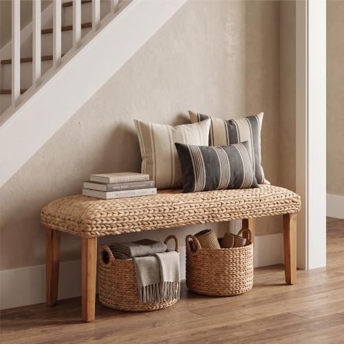 Image of Indoor Acacia Wood Bench 47 inch, Wicker Fishbone Water Hyacinth Woven Seat | Farmhouse Boho Style, Living Room or Entryway, Bedroom End of Bed or Dining