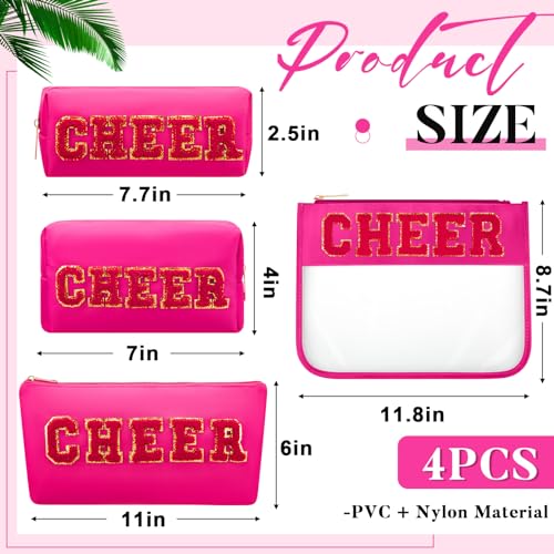 Clysee 4 Pcs Cheer Makeup Bags Cheerleader Gifts Cosmetic Chenille Letter Patch Bags College Preppy Cheer Accessories Portable Nylon Travel Organizer Purse Toiletry Storage for Women, Hot Pink