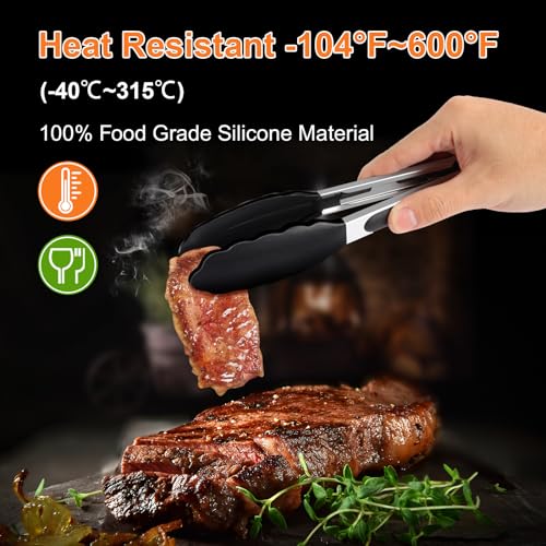 JIDSPWLS Premium Stainless Steel Heat Resistant Kitchen Tongs for cooking,set of 9\" and 12\" (Black),Non Scratch Silicone cooking Tong Tip for Cooking Pans,Strong Grip BBQ tongs for Grabbing Hot Food - Thumbnail 3