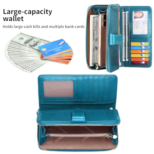 Womens Wallets Large Capacity Credit Card Holder Rfid Wallet Women Double Zipper Pocket Leather Bifold Ladies Wallet (Blue)2