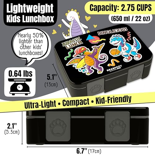 Image of BEARFOOT Kids Lunch Box with Compartments - Compact & Lightweight | Leak-Proof, BPA-Free, Dishwasher Safe | Hand-Drawn Design for Preschool, School, Travel (Dinos Black, 2.75 Cups)