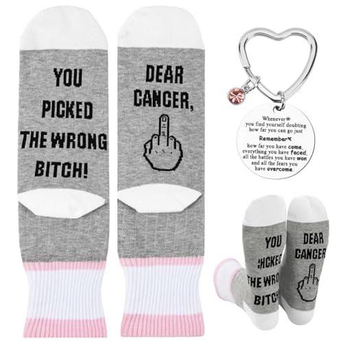 Aurvivia Cotton Cancer Socks for Women with Keychain Chemo Care Cancer Socks Inspirational Cancer Gifts Chemotherapy Gifts for Women Cheer Up