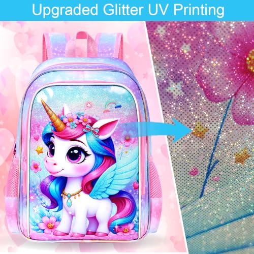 Image of CCJPX 3Pcs Unicorn Backpack for Girls, 16 inch Kids Bookbag with Lunch Box, Cute Water Resistant Schoolbag for Preschool Kindergarten Toddler(Purple)