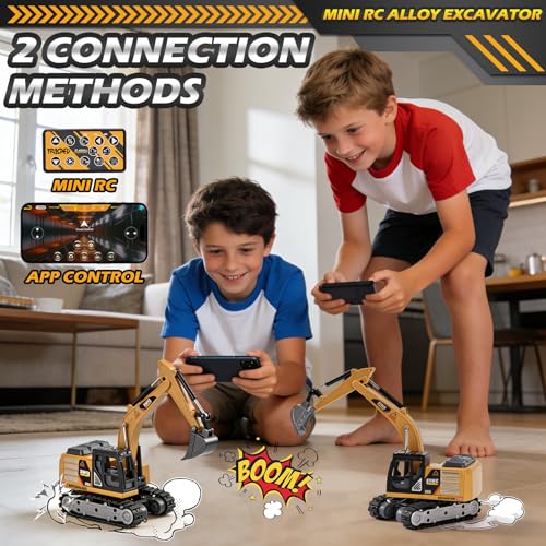 LTFIOON Mini Ferngesteuerter Bagger, 1:64 Maßstab Raupenbagger aus Metall mit APP-Steuerung & 2,4GHz Fernbedienung, RC Bagger Spielzeug mit Licht & Sound, 2 Geschwindigkeiten, USB Wiederaufladbar