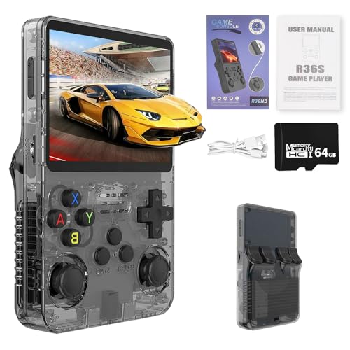 WDKXCN R36s Console de jeu portable rétro R36s avec carte TF 64 Go, écran 3,5 pouces, système Linux, console de jeux portable rétro, 3500 mAh, noir, plus de 15 000 jeux classiques intégrés