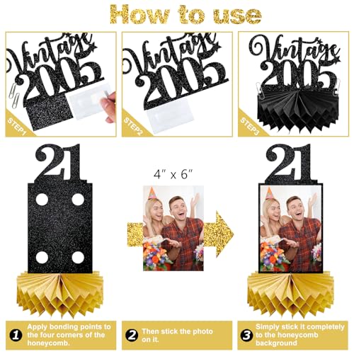 Image of Eucutur 8Pcs 21st Birthday Decorations Honeycomb Centerpieces for Him Her, Black Gold Vintage 2005 21st Bday Photo Table Centerpieces Party Supplies, Glitter Cheers to 21 Year Old Bday Table Topper