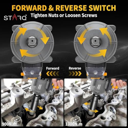 Image of STARQ Heavy Duty 21V Cordless Impact Wrench with 2 Batteries 2 Variable Speed Build-In LED Lights Forward & Reverse Switch Yellow