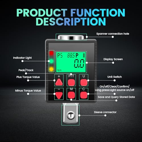 Digitaler Drehmomentadapter 1/2 Zoll, 3,4 – 340Nm Drehmoment Digital Adapter, Genauigkeit ± 1% mit Voreingestellter, Speicher, Summer, LCD Anzeige, 1/4 3/8 Adapter für Auto, Motorrad, Fahrrad