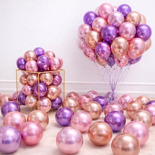Image of 50 Pcs Pink Purple Rose Gold Metallic Chrome Balloons for Birthday Decoration Items Anniversary Baby Shower Boys Girls Kids Year With Latex Transparent Metallic Balloon Happy Birthday Decoration Kit
