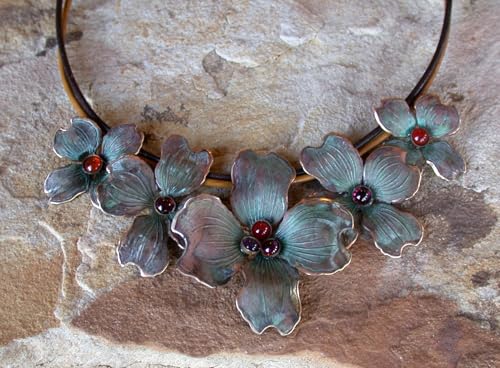 Elaine Coyne Collectible Artwear Verdigris Patina Brass Graduated Dogwood Flowers Necklace - Amethyst, Carnelian, Garnet2
