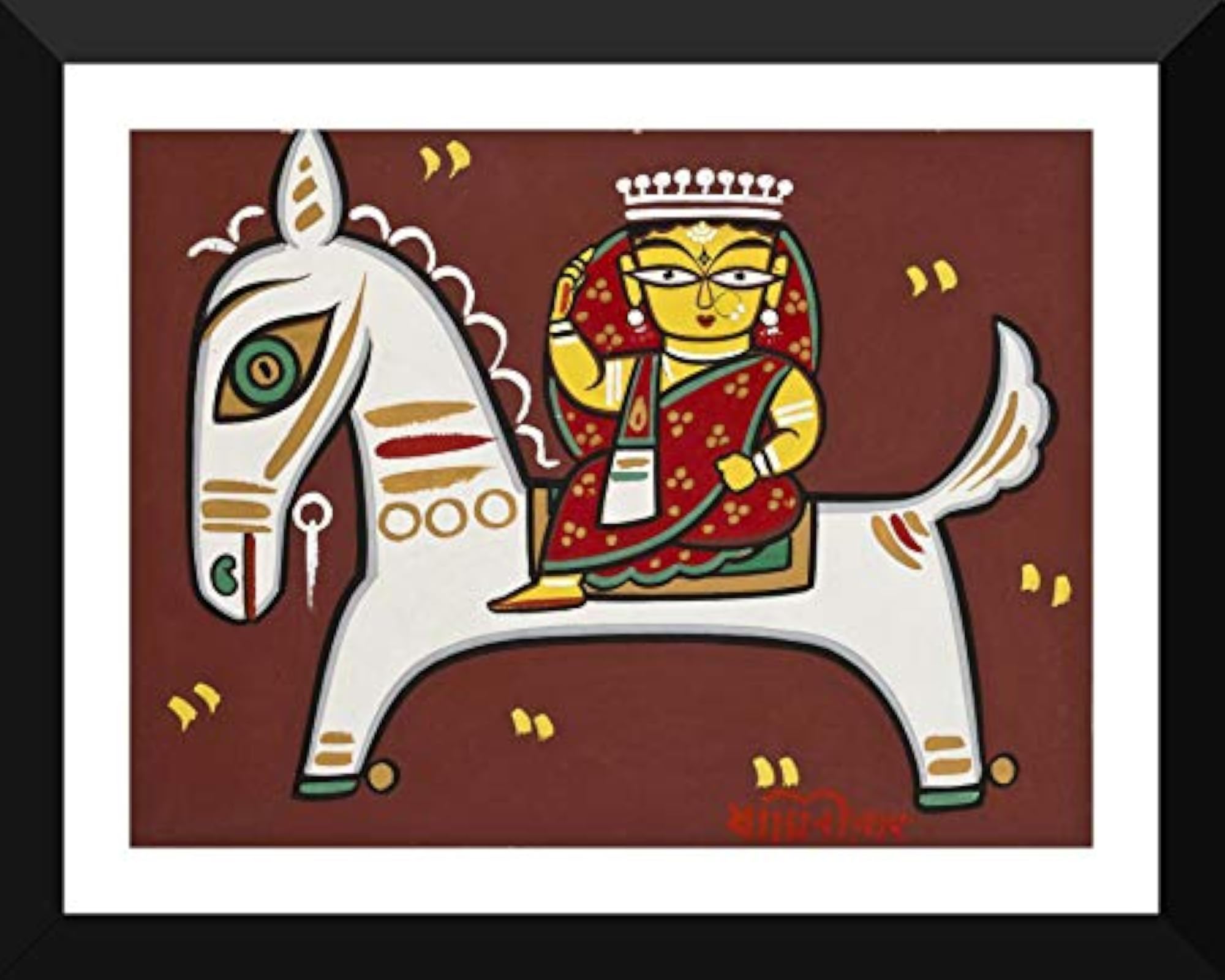 Rani On A Horse By Jamini Roy - Large Digital Print - Framed