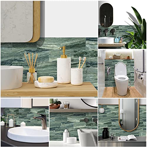 Cecekis Peel And Stick Backsplash Tile, 32 Pc Pack (8" X 4") Thicker Glass Subway Tiles Waterproof Oil Proof Removable Decals For Bathroom & Kitchen Backsplash (Green Marble) #TOP4