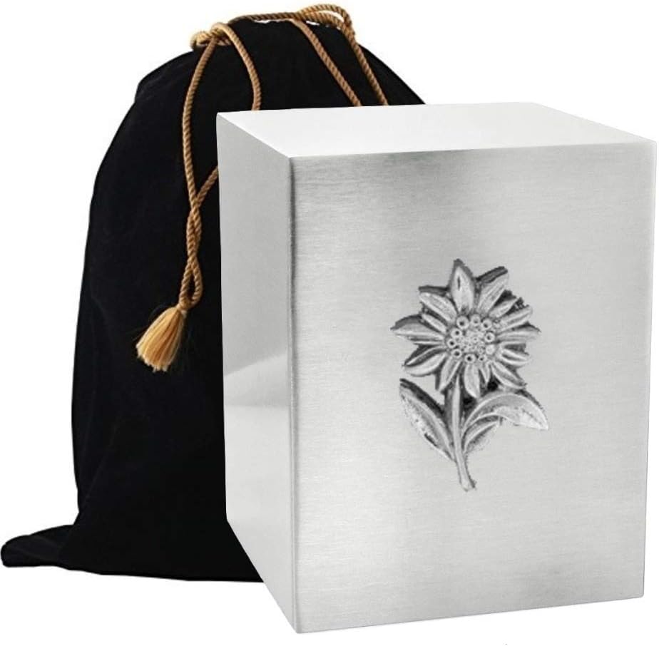 Touch4me's Silver Cremation Urn Box with Applique - Metal Cremation Urn for Adult - Handcrafted Funeral Urn for Ashes - Metal Cremation Urn- Great Deal Free Bag (Sunflower)