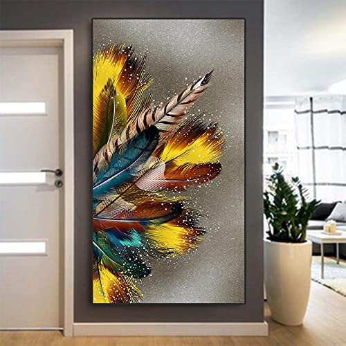 Toile de luxe moderne KEBIA peinture plumes vert foncé et or salon 50x100cm