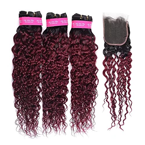 FEEL ME Ombre Brazilian Hair Water Wave Bundles with Closure 1b/99j Red Burgundy Ombre Human Hair Bundles with Closure Unprocessed Brazilian Virgin Hair 3 Bundles with Closure(18 20 22+18)