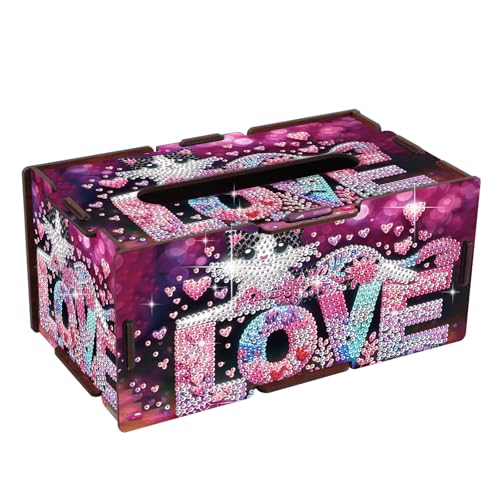 Image of Diamond Painting Tissue Box Cover - Love Letter & Cat Design Wooden DIY Rhinestone Diamond Art Kit, Cute Handmade Craft Tissue Holder for Desktop Home Office Decor