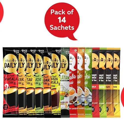 Image of Chaizup Instant Premix Tea - 3 Unique Ranges: Daily (7 Flavors), Dimtee (3 Flavors), Premium (4 Flavors) | 14 Sachets (1 Sachets Per Flavor) | Assorted Combo Pack |