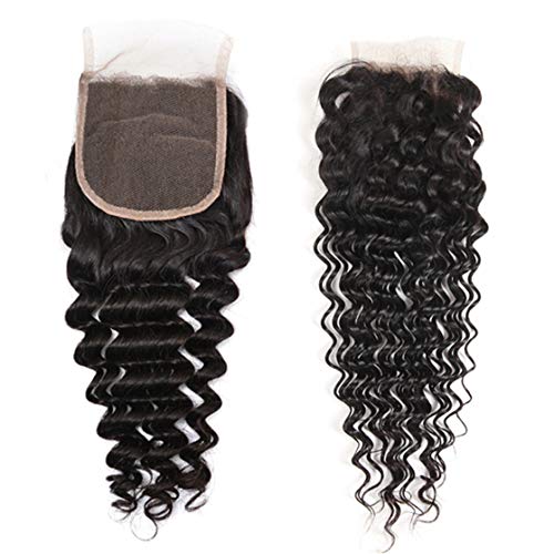 Deep Wave Closure Size 4"x4" 100% Unprocessed Brazilian Virgin Human Hair Bleached Knots Free Part Top Front Lace Closure Naturl Black Soft and Smooth (14inch, Brazilian Hair)
