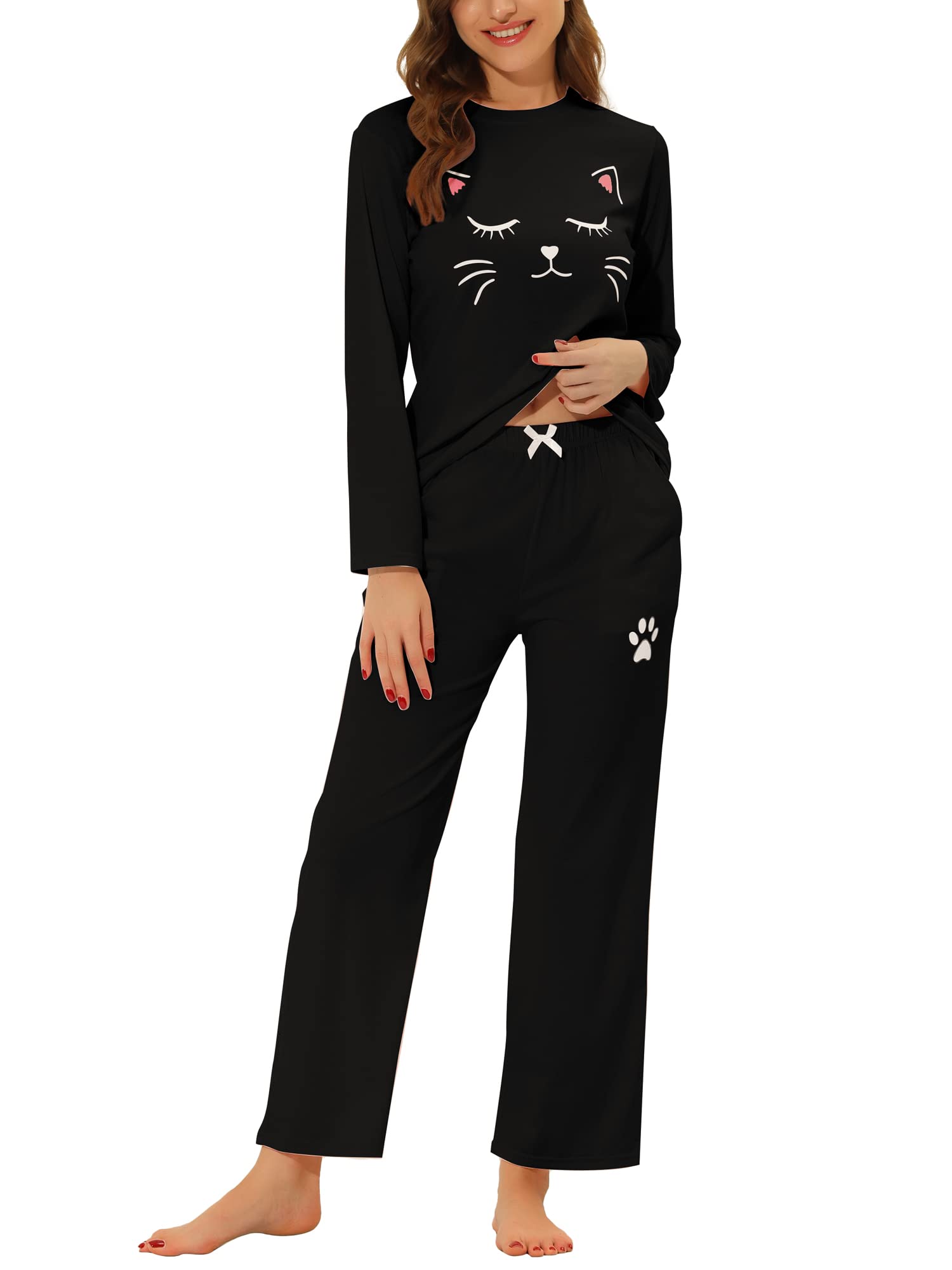 Cheibear Women's Black Pajamas Set Nightwear Lounge Cute Cat Long Sleeve Tops With Pants Sleepwear L