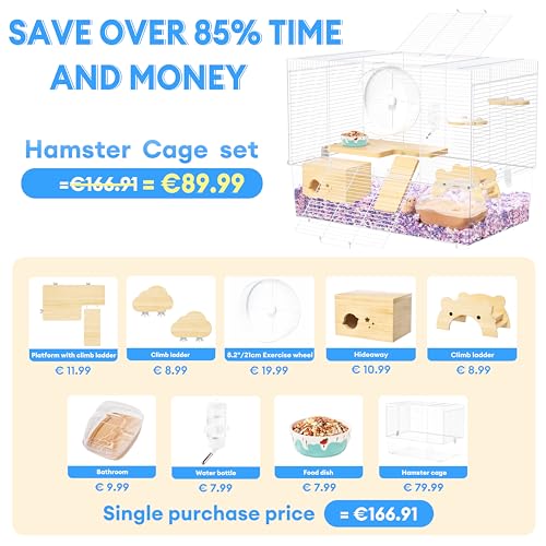 BUCATSTATE Hamsterkäfig mit Zubehör 3 Level, 8 in 1 Kleintierkäfig Großer Starterkäfig Reisekäfig für Rennmäuse, Mäuse, Ratten und Zwerghamster (62x43x35cm)