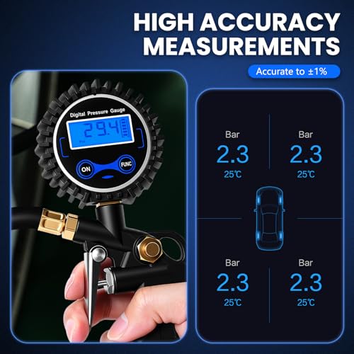 Image of Digital Tire Gauge with Inflator & Deflator - LED Display & 0.1 PSI Resolution - Quick Release Valve & Heavy Duty Chuck - w /Adapter for Car, Truck, SUV, Motorcycle, RV, Balls