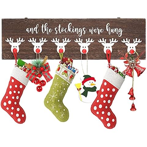 NEWLIGHTURE Wood Christmas Stocking Wall Hanger The Stocking were Hung with 6 Red Nose Hooks Christmas Stocking Rack Wall Mount Sign for Mantle Fireplace (Reinder) Cover
