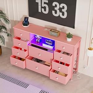 Ldttcuk dresser with charging station and led lights pink dresser for girls bedroom bedroom long dresser tv stand with 10 drawers fabric wide dresser storage organizer for hallway kids room  urban country home decor