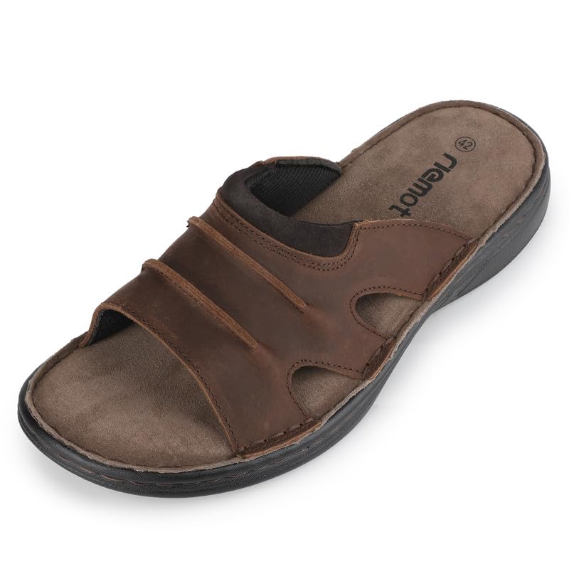 riemot Herren Pantoletten Leder Sommer Slide Sandalen Bequeme Latschen Leicht Weiche Gummisohle Slipper Schuhe Meer Strand Outdoor Hausschuhe Braun EU45