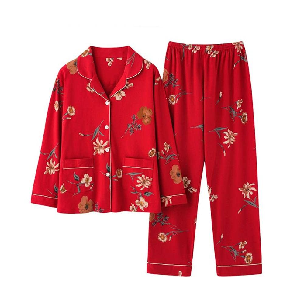 Manga Larga Pijama De Mujer De Dos Piezas,Conjunto De Pijama De Manga Larga para Mujer, Cuello Clásico con Muesca, Suave Y Cómodo, Algodón Puro, Rojo, Ropa De Salón, Pijama De Otoño Invierno Pa