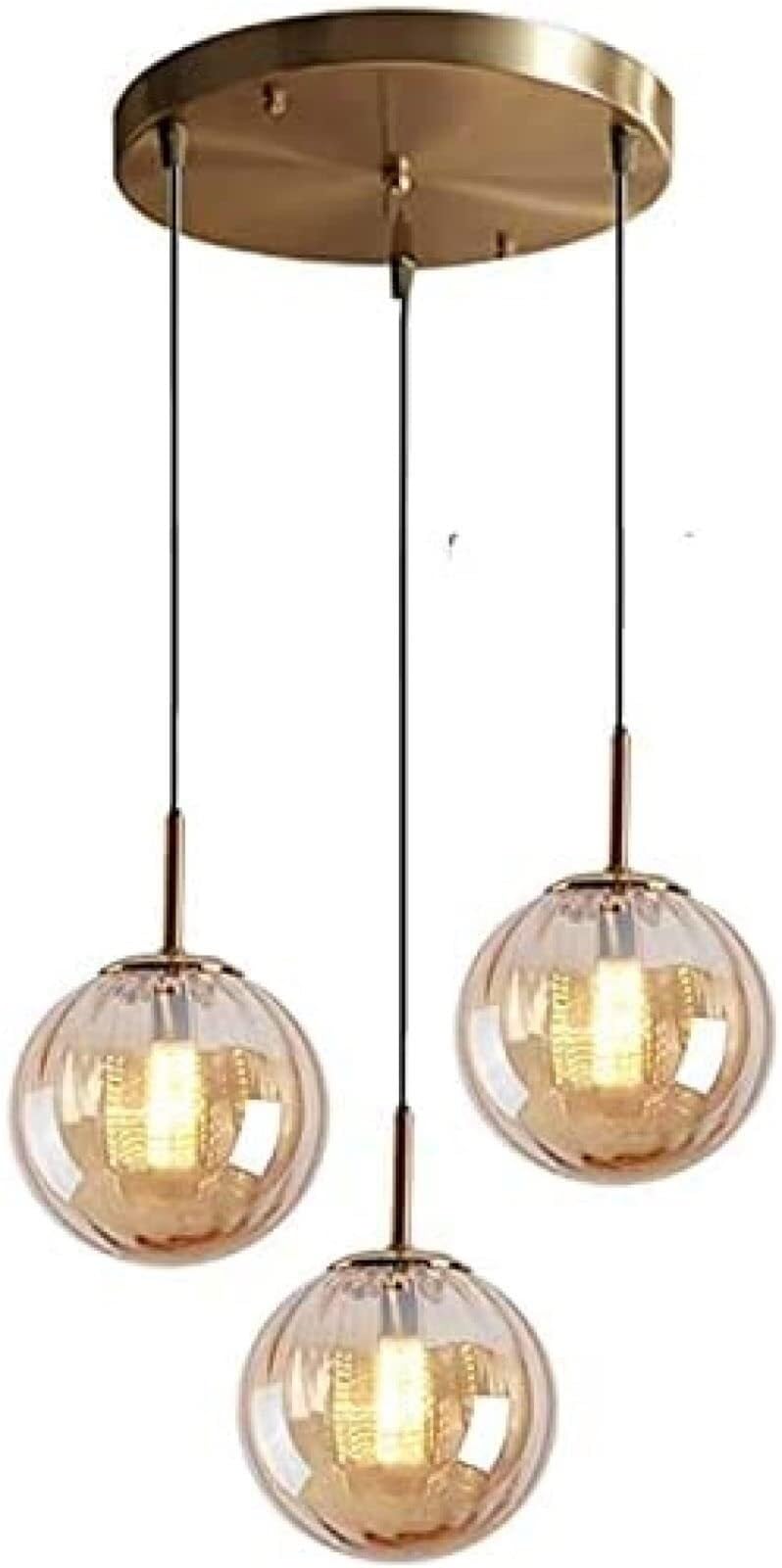 KXEcoLife Industrial Retro Loft Brass Glass Globe Pendant Lamp Chandelier Hanging Lighting Ceiling Fixture Three Way Cluster for Dining Room Kitchen Island(Brown)