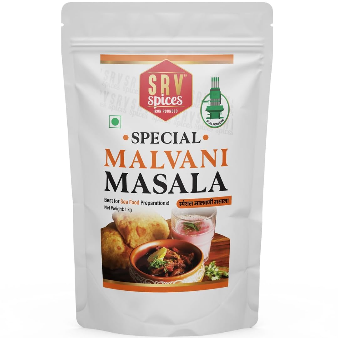 SRV SPICES Special Malvani Masala | Iron Pounded Coastal Region Masala| | Authentic Seafood Masala | Made with 24 Handpicked Ingredients | 57 Years of Expertise | 1kg Pack
