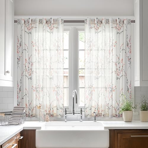 Image of MYSKY HOME Floral Sheer Linen Curtains 45 inch Long 2 Panels Coral