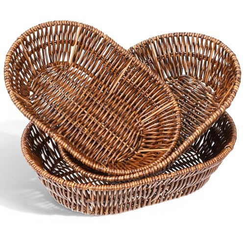 IANFAN 3 Pack Wicker Baskets, Woven Bread Baskets Sets Oval Food Serving Basket Trays Tabletop Food Vegetable Basket for Serving Display Storage Kitchen Restaurant Market Showcase(11', 10.5', 9.6')