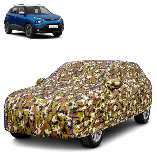 Image of Waterproof Car Body Cover for Tata Punch with Mirror Pocket| Cotton Inner Lining | Triple Stitched | All Weather Protection | Dust, UV & Rain Proof (Camouflage with Blue Piping)