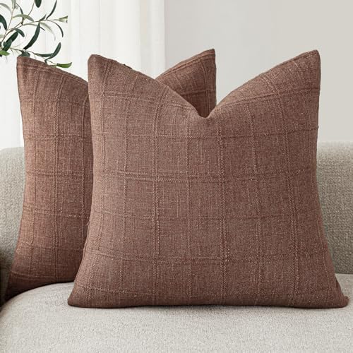 Image of Foindtower Set of 2 Decorative Linen Check Throw Pillow Covers Neutral Farmhouse Vintage Cushion Covers Modern Boho Home Decor for Sofa Chair Couch Bedroom Living Room,20x20 Inch,Autumnal Red