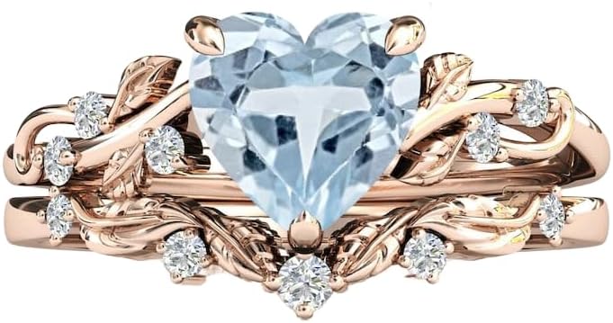 Generic Aquamarine Engagement Ring Set For Women Aquamarine Art Deco Antique Leaf Wedding Ring Set Heart Shaped Aquamarine Ring Set, BLUE