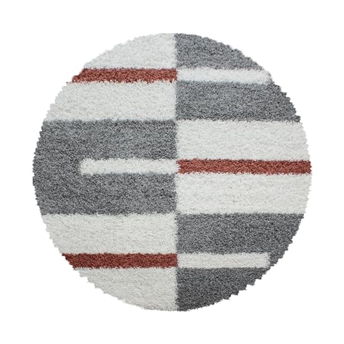 HomebyHome Alfombra redonda Shaggy de 200 cm, redonda, de pelo largo, terracota, gris y blanco, extra suave y mullida, alfombra para salón, dormitorio, cocina, pasillo