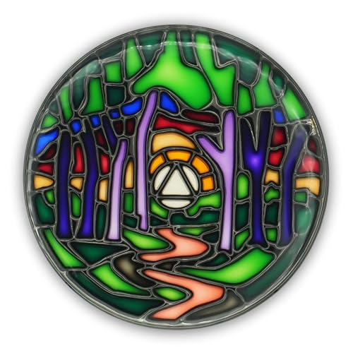 stained glass aa coin scenic journey alcoholics anonymous addiction recovery sobriety chip medallion inspirational sober gifts for men and women by the token shop winding path of recovery forest
