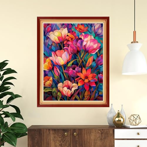 Image of Funchey Stamped Cross Stitch Kits, DIY Cross Stitch Pattern for Adults Beginners Needlepoint Kits Embroidery Kit Arts and Crafts 11CT-Colorful flowers 16x20 inch