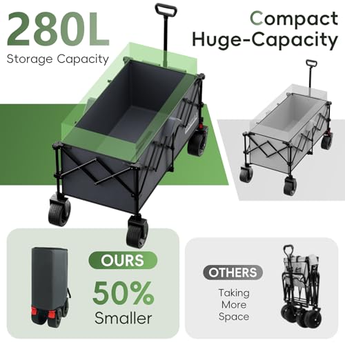 Image of 46 inch L Collapsible Foldable Extended Wagon, 500LB Weight Capacity with 280L Heavy Duty Folding Cart,Utility Wagon with All-Terrain Beach Wheel & Drink Holders,Gray