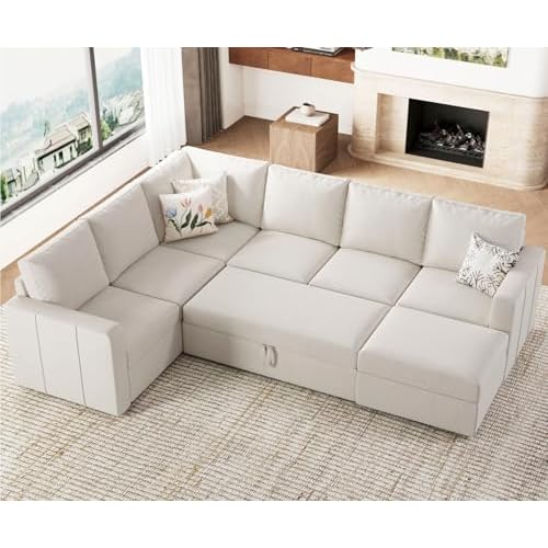 Belffin Modular Sectional Sleeper Sofa with Pull Out Couch, U Shaped Sleeper Pull Out Bed, Convertible Sectional Couches for Living Room, Beige Sleepe